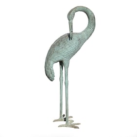 Bronze Preening Garden Crane Statue