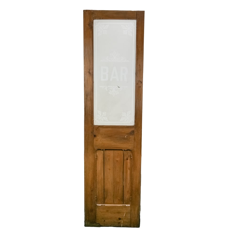 Antique Etched Frosted Glass Bar Door: This is a fantastic piece of architectural salvage—an original late 19th or early 20th-century saloon or bar swinging door featuring a beautiful etched and frosted glass panel. The panel boldly