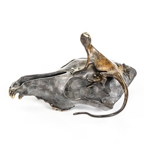 Artist Signed Lizard on Skull Sculpture