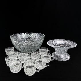 Vintage Pressed Glass Punch Bowl Set (13 pcs)