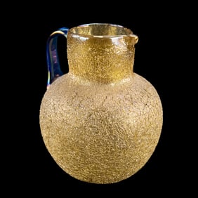 Amber Crackle Glass Pitcher w/ Blue Handle