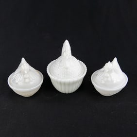 Milk Glass Hen-on-Nest Lidded Dishes (3pcs)