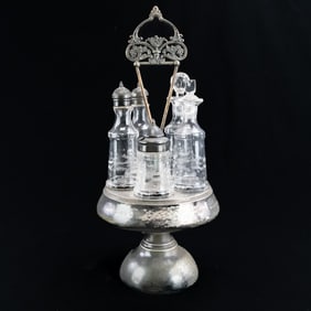 Victorian Etched Glass & Silver Cruet Set (6 pcs)