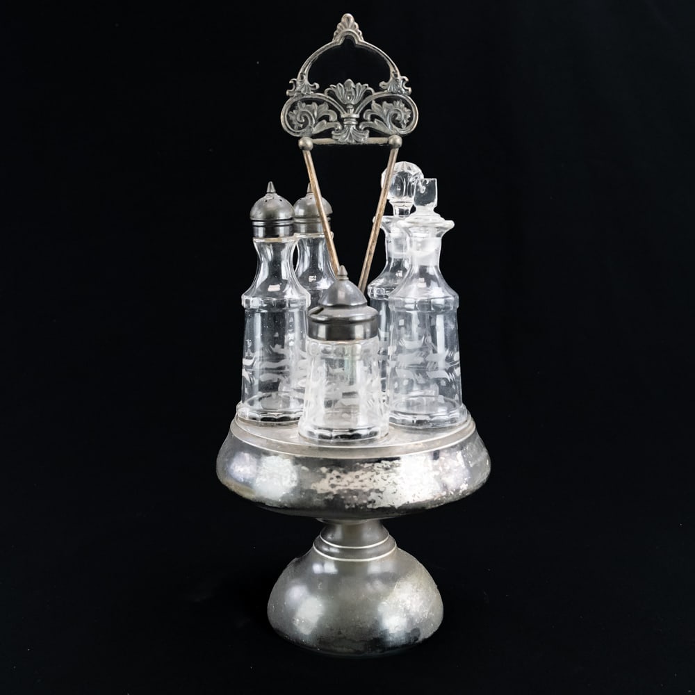 Victorian Etched Glass & Silver Cruet Set (6 pcs) (1 of 11)