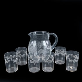 Etched Glass Pitcher and Juice Glasses (7 pcs)