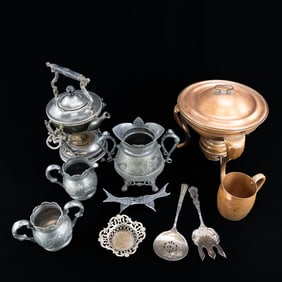 Silver Plate and Copper Chafing Set with Serveware