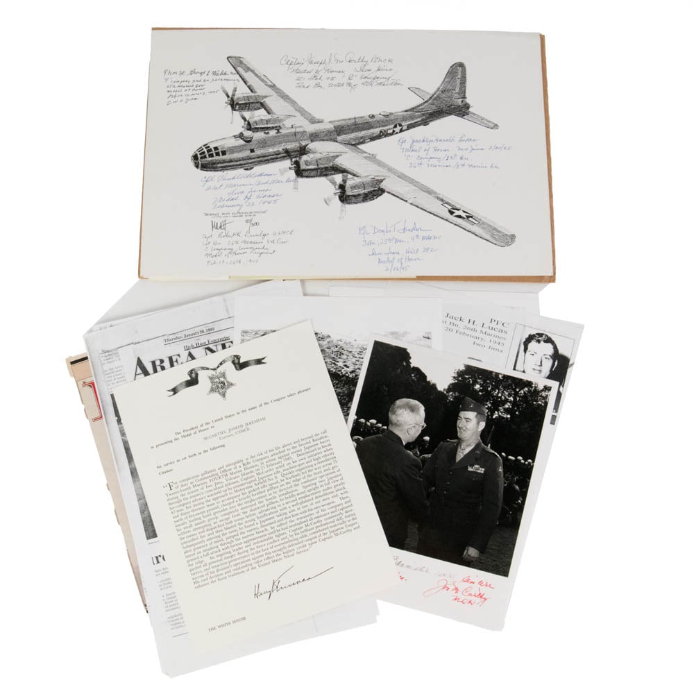 WWII Multi Signatures Print Iwo Jima Group MOH: Iwo Jima MOH Signed Print & Archive This is an extraordinary archive of WWII memorabilia, specifically focusing on Medal of Honor (MOH) recipients from the brutal Battle of Iwo Jima. The centerpiece