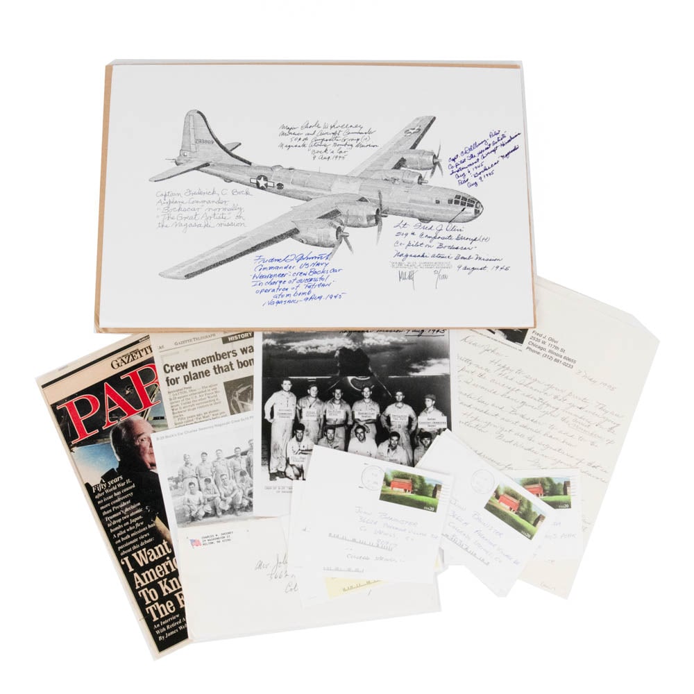 WWII Multi Signature Print B29 Bock's Car Nagasaki: A World War II collector assembled memorabilia collection related to the Atomic Bomb missions. The fact that collector John Bannister personally solicited the autographs from the crew members,