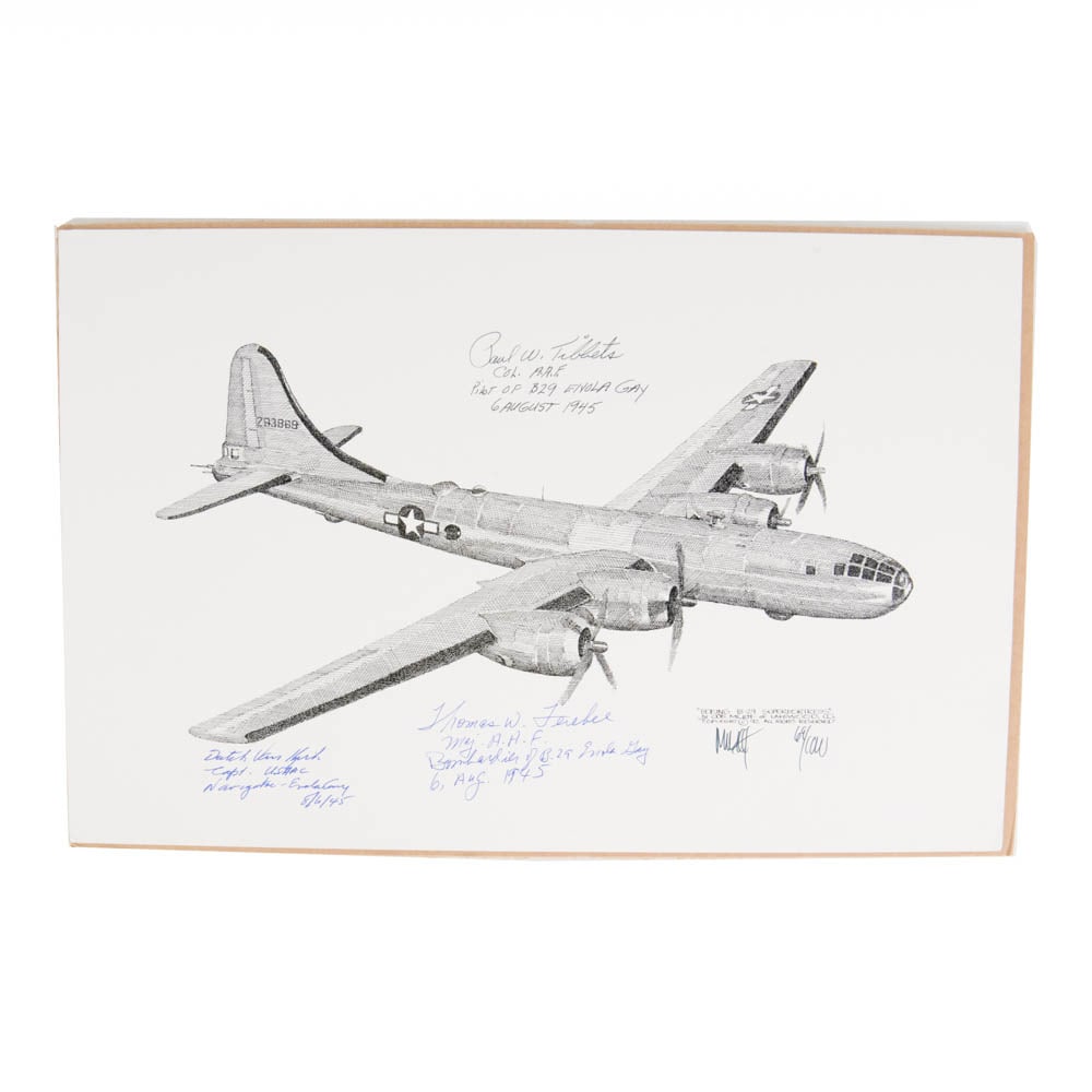 B-29/B-17 Signed Aviation Prints Enola Gay: A fantastic set for the aviation history enthusiast, specifically those focused on the U.S. Army Air Forces' WWII strategic bombing campaign. The lot includes three pencil-style art prints on