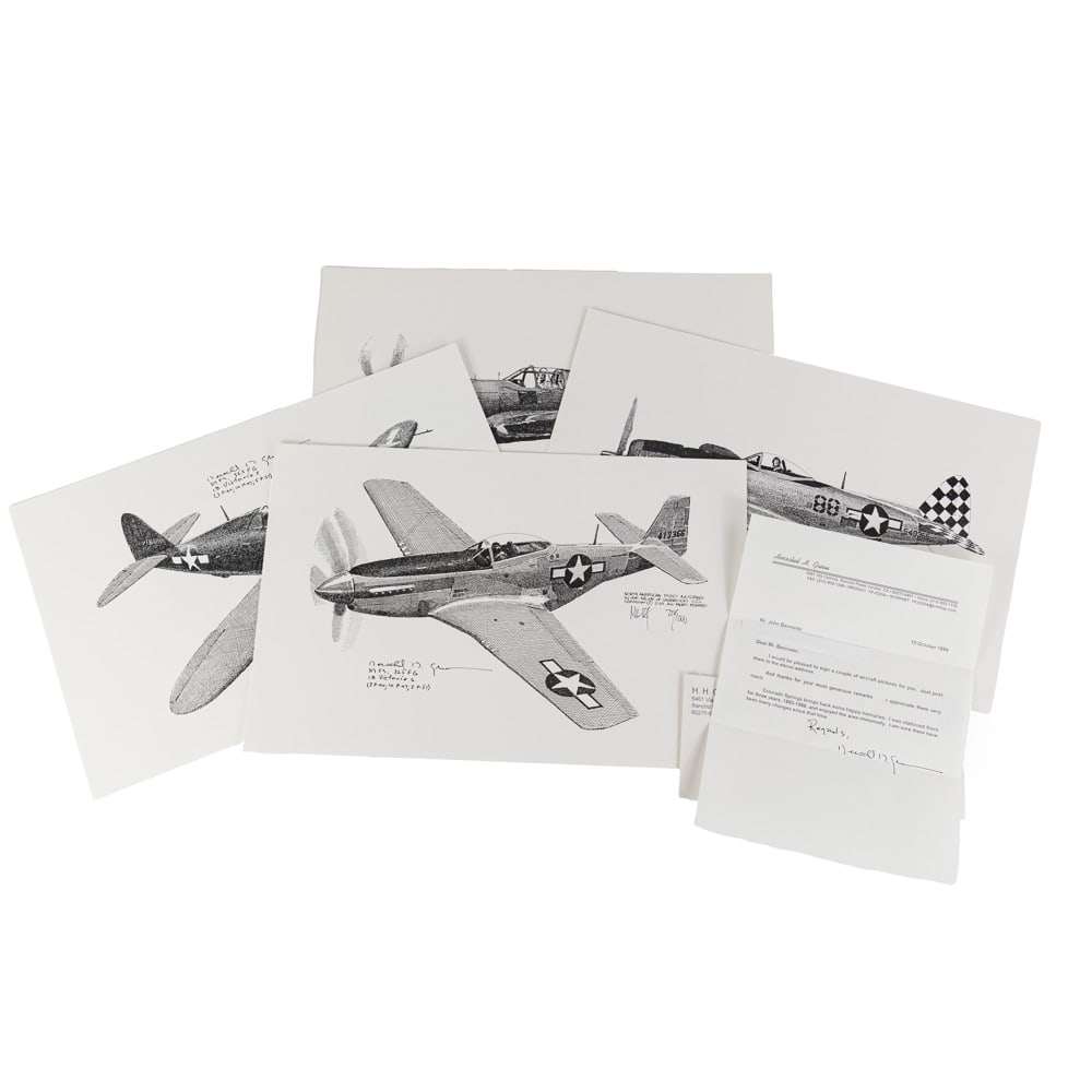 WWII Ace Herschel Green P40/47/51's 8 Air Victory: This collection features four black and white pencil-style military aircraft prints and one accompanying correspondence letter. Each print is individually signed by the legendary WWII flying ace