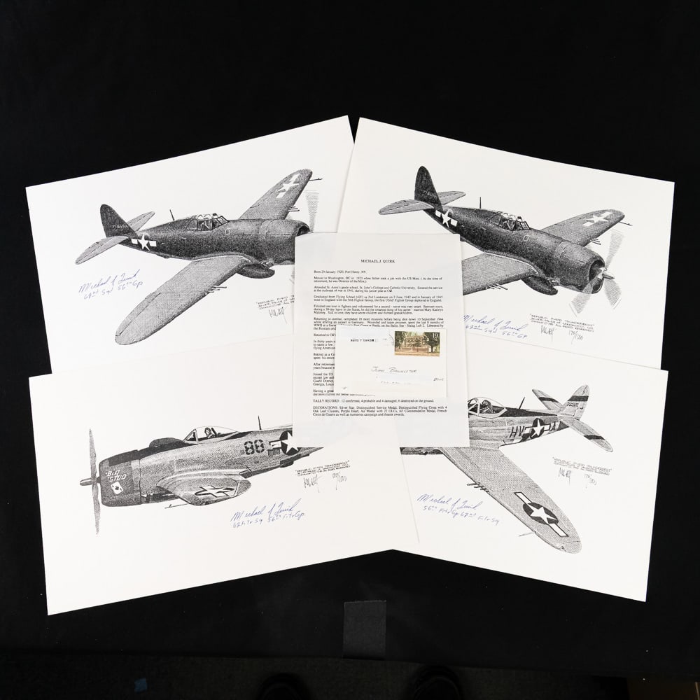 WWII Double Ace Mike Quirk 12 Air Victories 56 FG: This lot is an incredible tribute to Colonel Michael J. Quirk (1920-2006), a decorated "Double Ace" of the WWII European Theater, a true figure of the Greatest Generation. Quirk flew with the storied