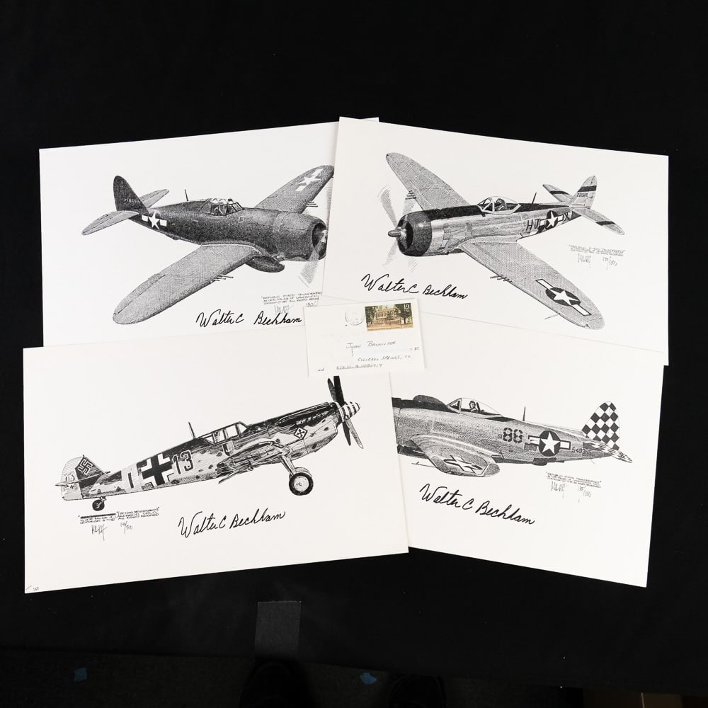 WWII Triple Ace Walter Beckham 18 Air Victories: This is a fantastic lot for the aviation historian, featuring four original pen-and-ink-style limited edition prints, all signed by the esteemed Colonel Walter R. Beckham, WWII P-47 Triple Ace (18