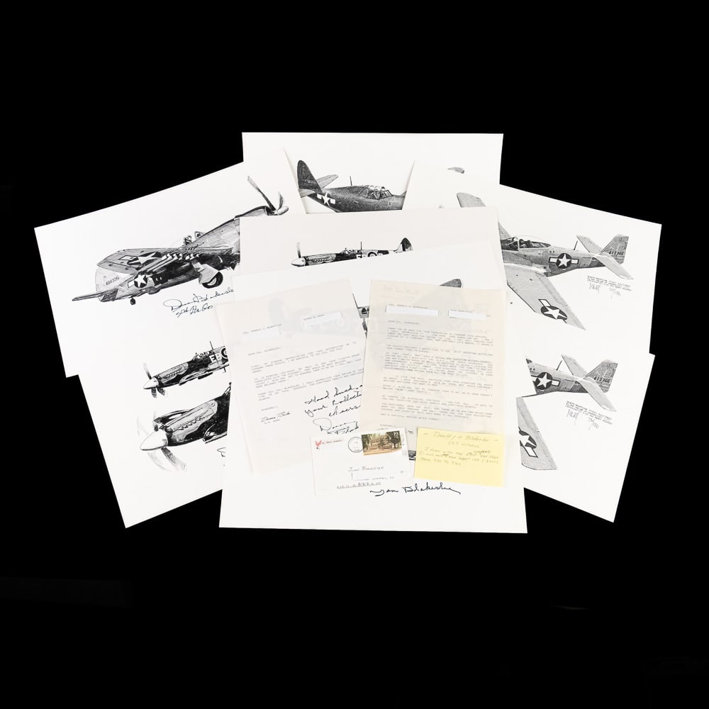 Signed Aces, MOH Notables #8 Don Blakeslee: A phenomenal collection of eight signed aviation prints of various World War II aircraft, including the Supermarine Spitfire and the Vought F4U Corsair. The true value lies in the accompanying