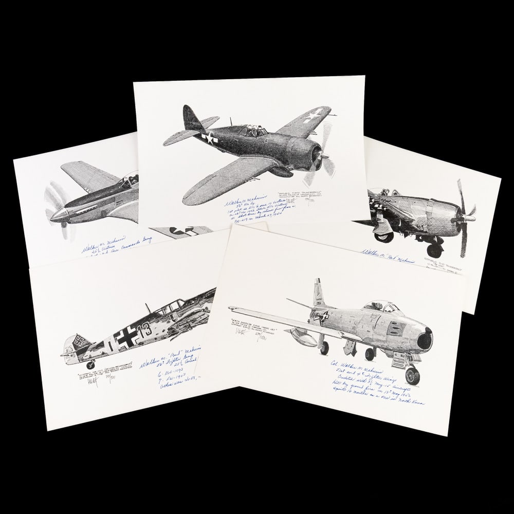 Signed Aces, MOH Notables #10 Walker Bud Mahurin: Fantastic and highly collectible collection of 5 pen-and-ink aviation drawings, authenticated by the incredible signature of Colonel Walker M. "Bud" Mahurin, one of the most distinguished and
