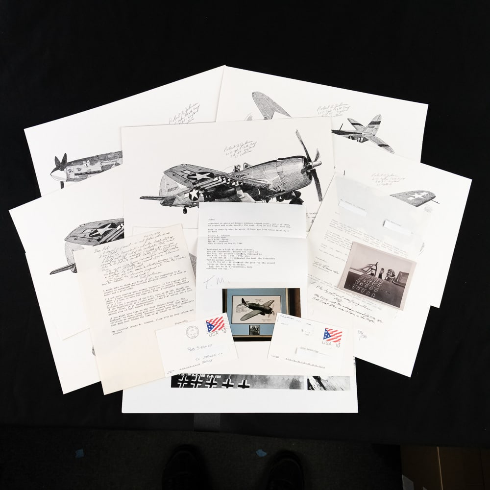Ace Robert Johnson 27 Air Victories in 56th FG: This is a remarkable offering for any aviation or WWII enthusiast, featuring a collection centered around legendary P-47 Thunderbolt ace Colonel Robert S. Johnson. The centerpiece is a framed print