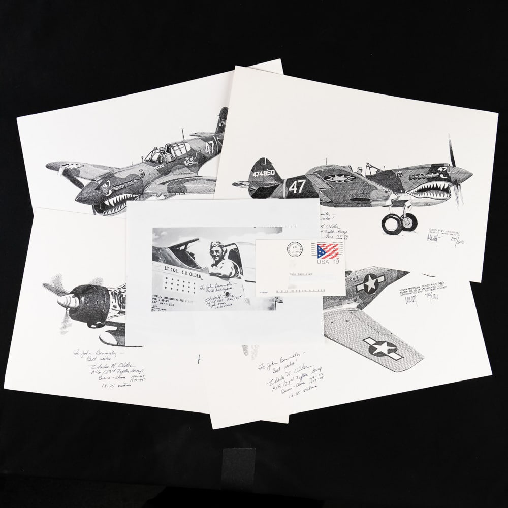 Ace Chuck Older, Flying Tigers10.5 Victory+8 Post: A fantastic grouping for the WWII aviation enthusiast, comprising four high-quality, limited edition pen-and-ink style art prints of iconic WWII fighter aircraft, along with a signed photo of a