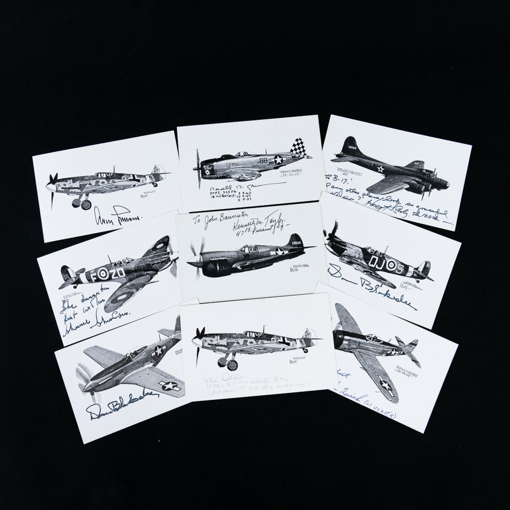 Signed Aces/MOH Postcards Mix ETO (9): An exceptional collection of World War II-era aviation prints on small cards, each autographed by the respective pilots, providing direct provenance and connection to the most storied aerial