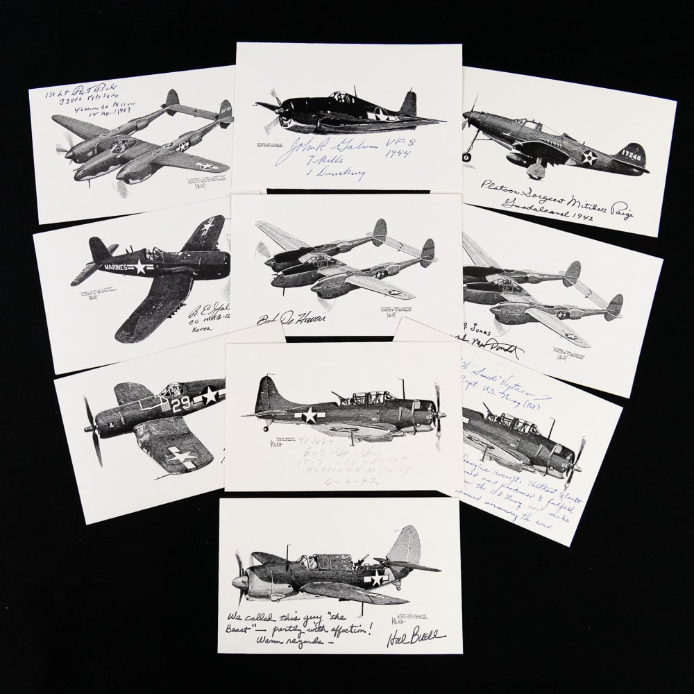 Signed Aces/MOH Postcards Mix Pacific Theater (10): A museum-quality collection of ten aviation art cards, each a detailed black-and-white print of an iconic WWII or Korean War fighter/attack plane. What makes this collection truly exceptional are the