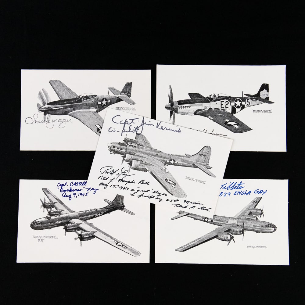Autographs-Enola Gay, Bocks Car, Memphis B, Yeager: Phenomenal grouping of five hand-signed aviation art cards, a true piece of history for any military or aviation collector. Each card features a detailed black-and-white sketch of a significant