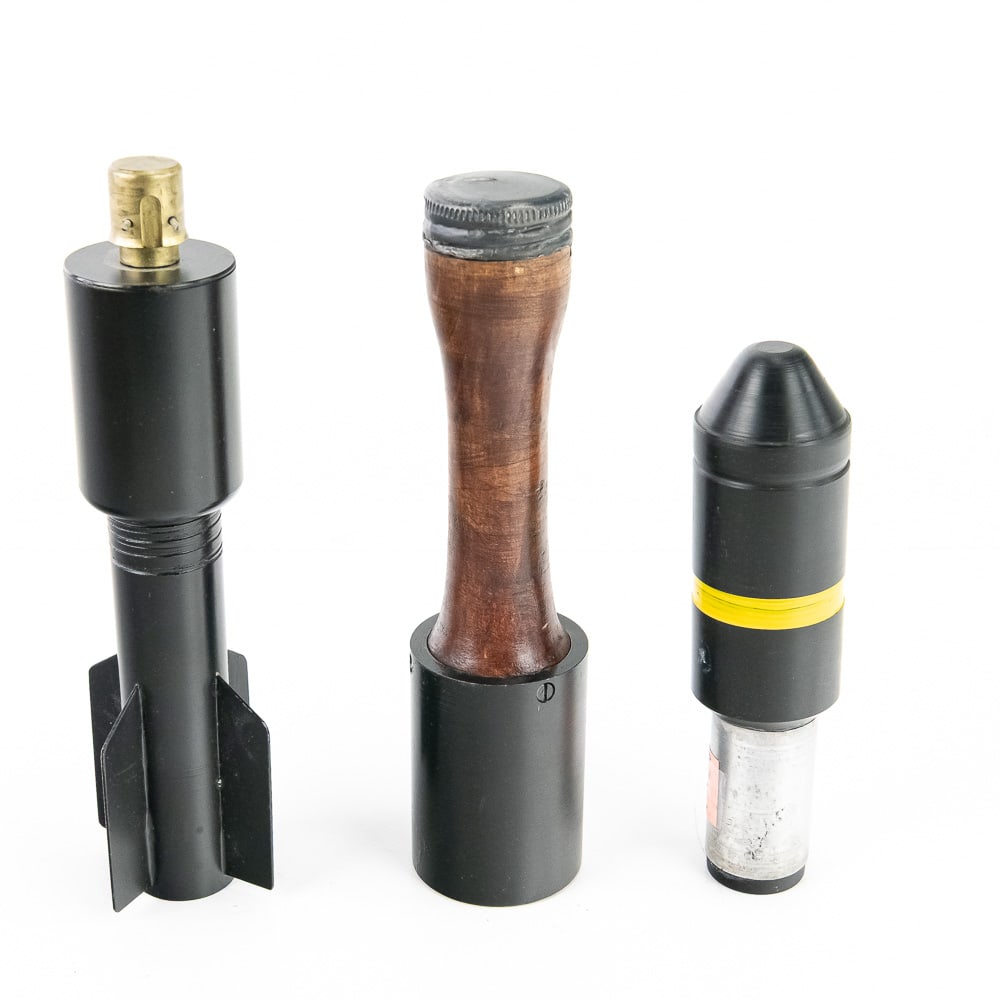 Reproduction Japanese Rifle Grenades: Three reproduction World War II Japanese rifle grenades. These reproductions are of extremely high quality and tight tolerance, which include: a Type 2 40mm Rifle Grenade, a Model 3-Mod 1 Naval Rifle