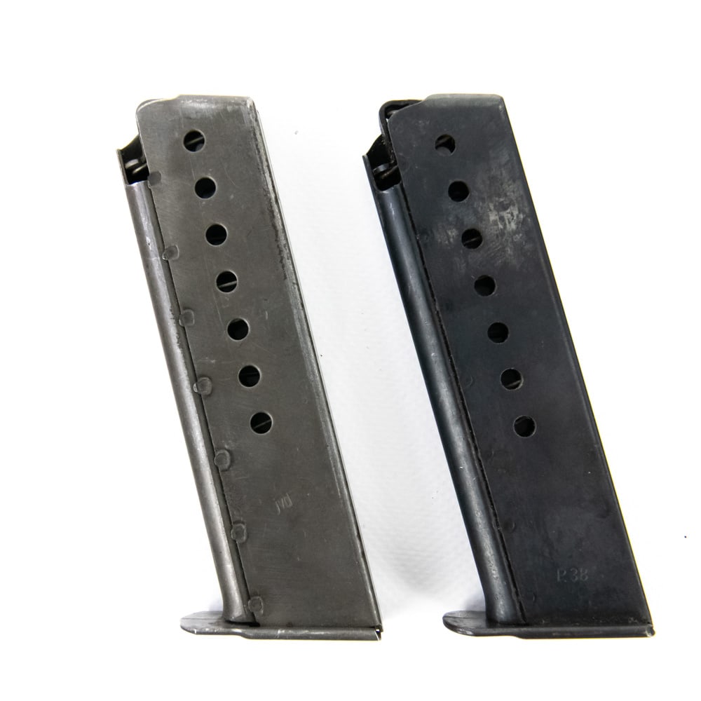 Mid to Late WWII P38 Magazines: Two (2) P38 Magazines manufactured by Walter and ENM (Erste Nordbohmische Metallfabrik). The ENM magazine is marked with “jvd” on the left side and “P38 / U” on the right. The