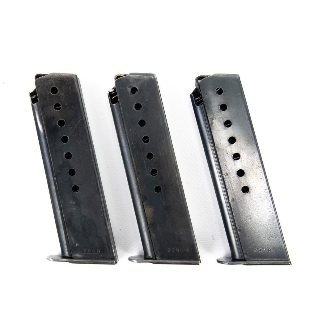 Walter Mfr. P38 Magazines with Waffen Markings: Three (3) Walter manufactured P38 magazines with Waffen and double e/359 markings on the spine. Two of the magazines are “ac no date” with serial numbers “7308” and double