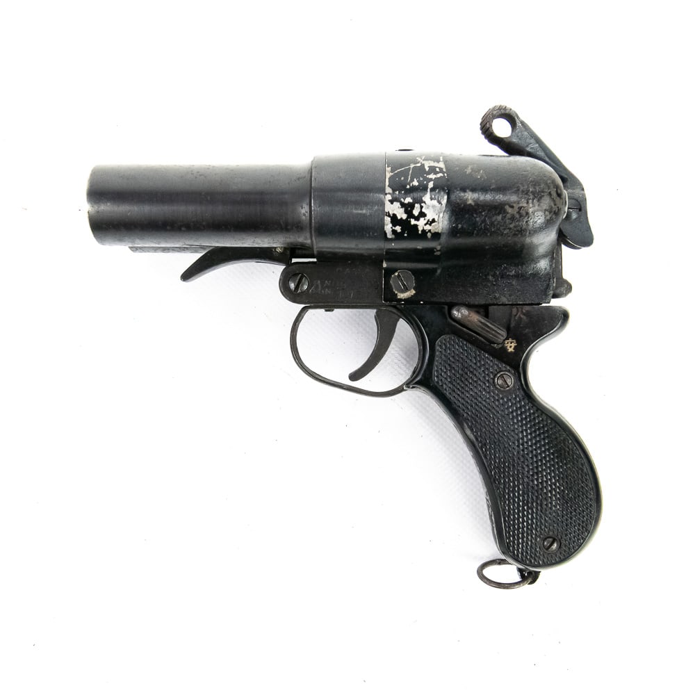 Low S/N Type 90 Double-Barrel Flare Pistol: An excellent example of an Imperial Japanese Navy Type 90 Double-Barrel Flare Pistol manufactured by Kayaba Kogyo Mfg. Co. The frame is clearly marked with the patent markings "P A T" over "93006"