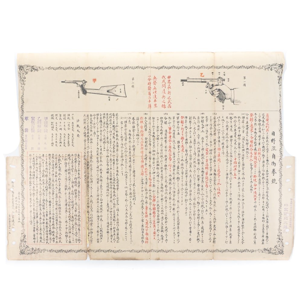 Japanese Pistol Poster Mod 1904 Hino Komuro: RARE Hino-Komuro Pistol Manual This is a truly phenomenal find! An original Japanese instruction sheet for the exceptionally rare Hino-Komuro Model 1904 blow-forward semi-automatic pistol,