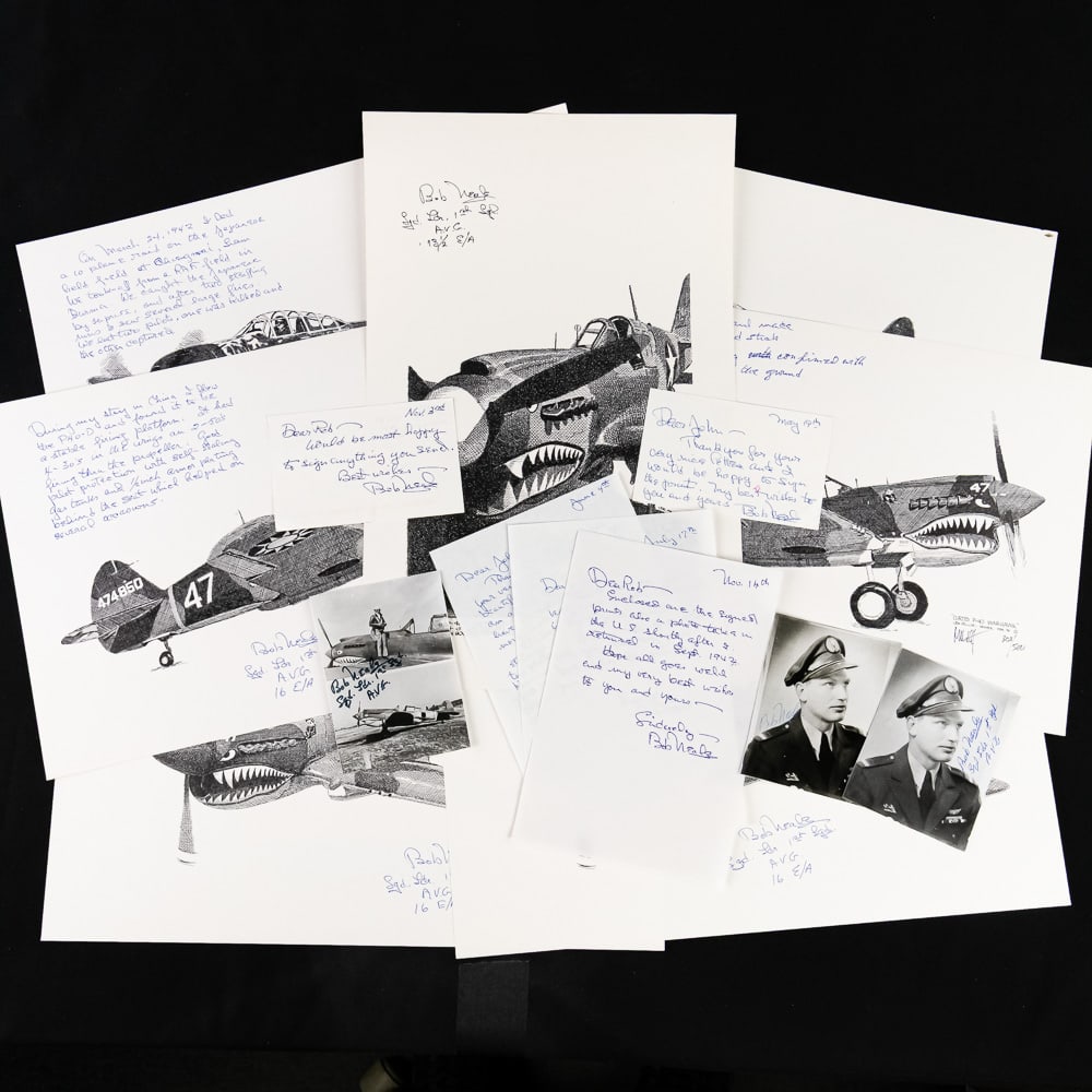 Bob Neale-Lead Ace Flying Tigers 13 Air Victories: Fascinating collection of original sketches signed by Flying Tigers Leading Ace Bob Neale. The prints include depictions of the iconic Curtiss P-40 Warhawk, specifically the "Flying Tigers" version