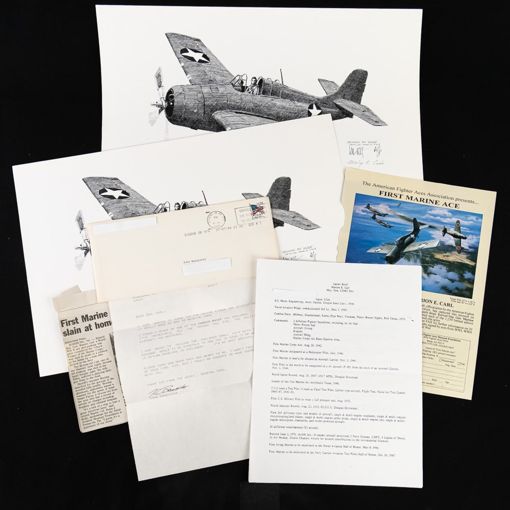 USMC MG Marion Carl, First in Many Categories: Lot features several distinct, high-quality pieces documenting the incredible career of Major General Marion E. Carl (1915-1998), a genuine legend and the first Marine Corps ace of WWII. The centerpie