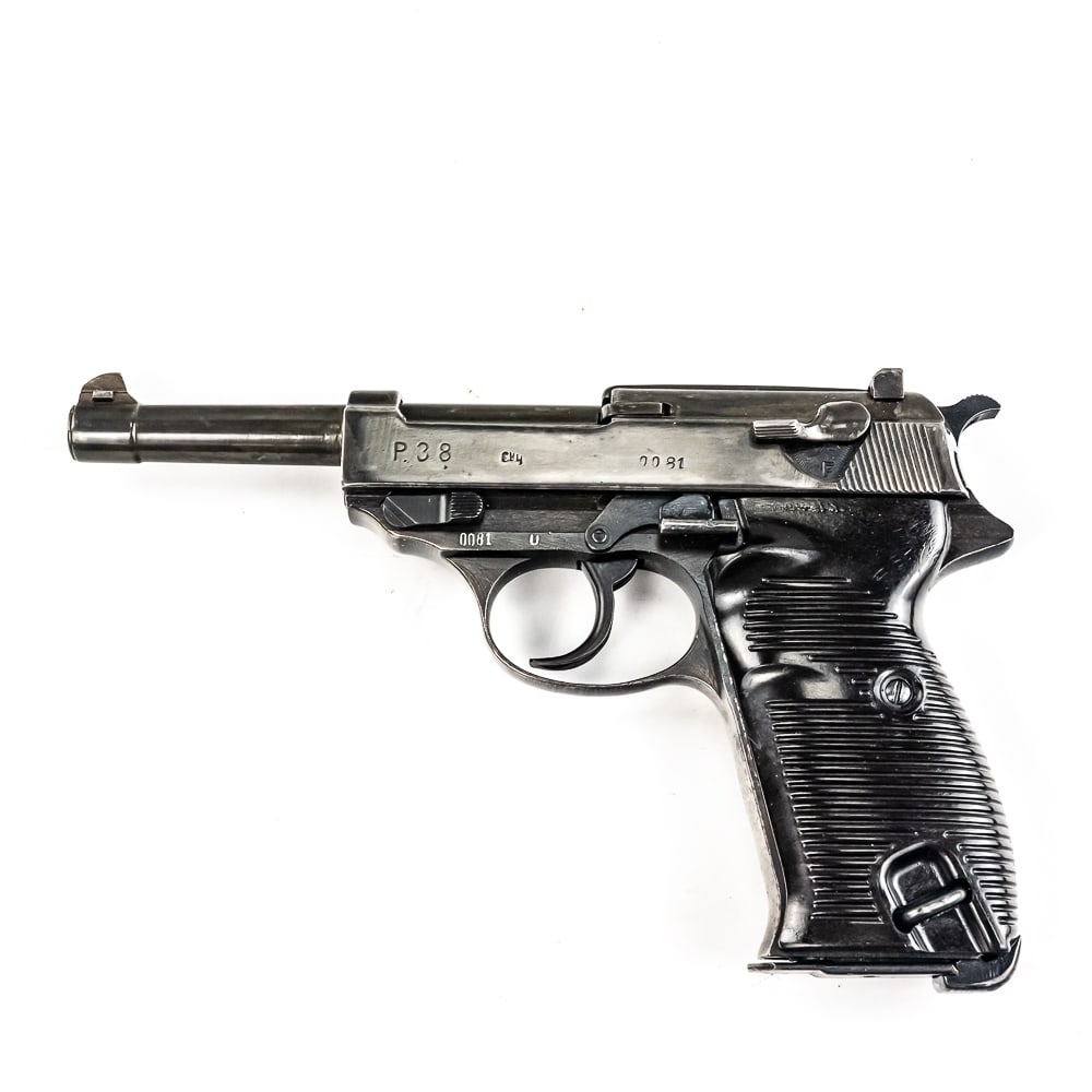 Late World War II P-38 cyq (0081) (C): World War II German P-38 cyq 00 series. Matching, 75% condition, old reblued on slide, mint grips, U proofed, very rare late war cyq , only 100 of these guns in the 00 serial range were produced in ea