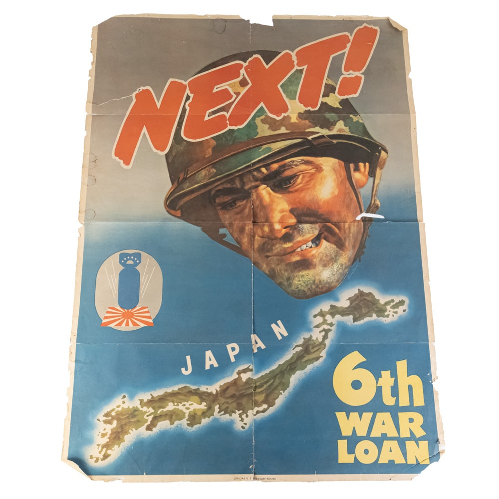 WWII One Sheet NEXT! 6th War Loan Poster FRAGILE: WWII 6th War Loan Japan Propaganda Poster This striking original WWII-era propaganda poster, designed by artist James R. Bingham in 1944, was issued by the U.S. Treasury to promote the "6th War Loan"