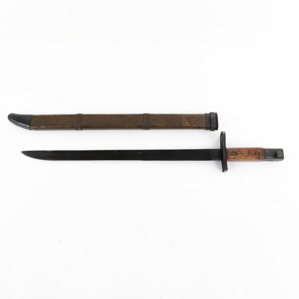 Japanese Toyoda Automatic Loom Works "TALW": Rare "TALW" square guard bayonet with round top #47313. This is the last variation of the square guards, and seldom seen. Two rivets in straight wood grips 15 1/4" dark blued, unfullered wood scabbard