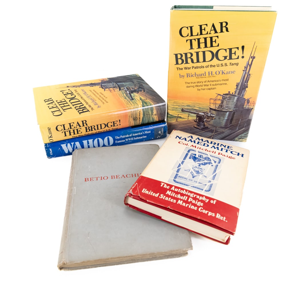 WWII Book Group-All Signed USS Tang, Wahoo, USMC: Collection of four books, all signed by their respective authors and other veterans associated with their particular topics. 1) Two copies of "Clear the Bridge-War Patrols of the USS Tang" by Richard