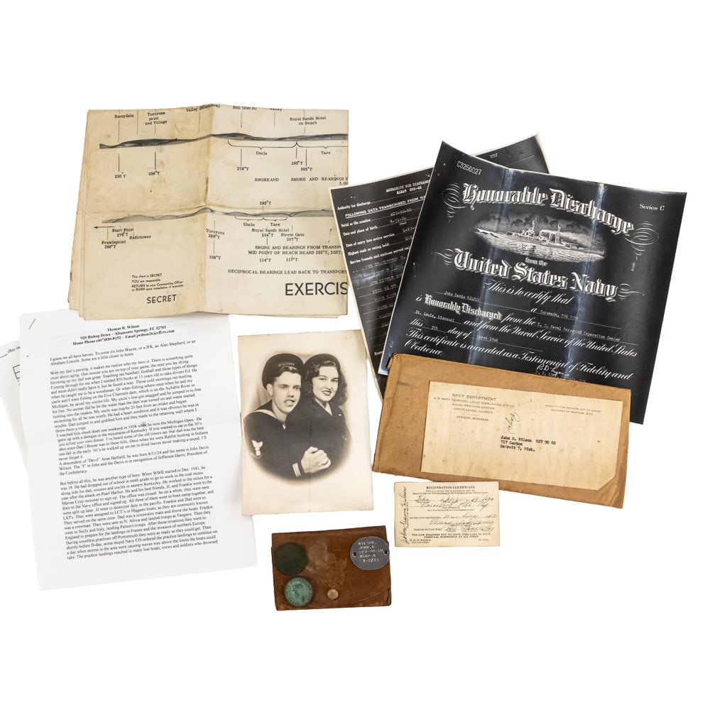 WWII John D Wilson Coxswains Mate Utah 3rd Wave: WWII USN D-Day "Exercise Tiger" Archive This historically significant archive belonged to John Davis Wilson (1924–2000), a U.S. Navy Coxswain’s Mate who piloted Higgins boats (LCVPs) durin