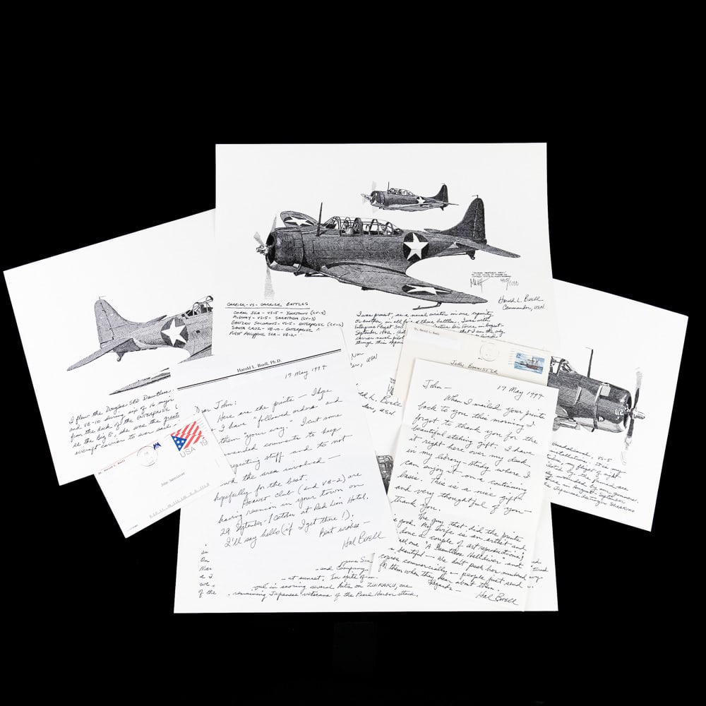 WWII Pilot Hal Buell, SSM Coral Sea, Guadalcanal: Exceptional lot of four prints signed by Commander Harold "Hal" Buell (1920-2016)—one of the true legends of the Pacific War. Buell flew the Douglas SBD Dauntless dive bomber with distinction in