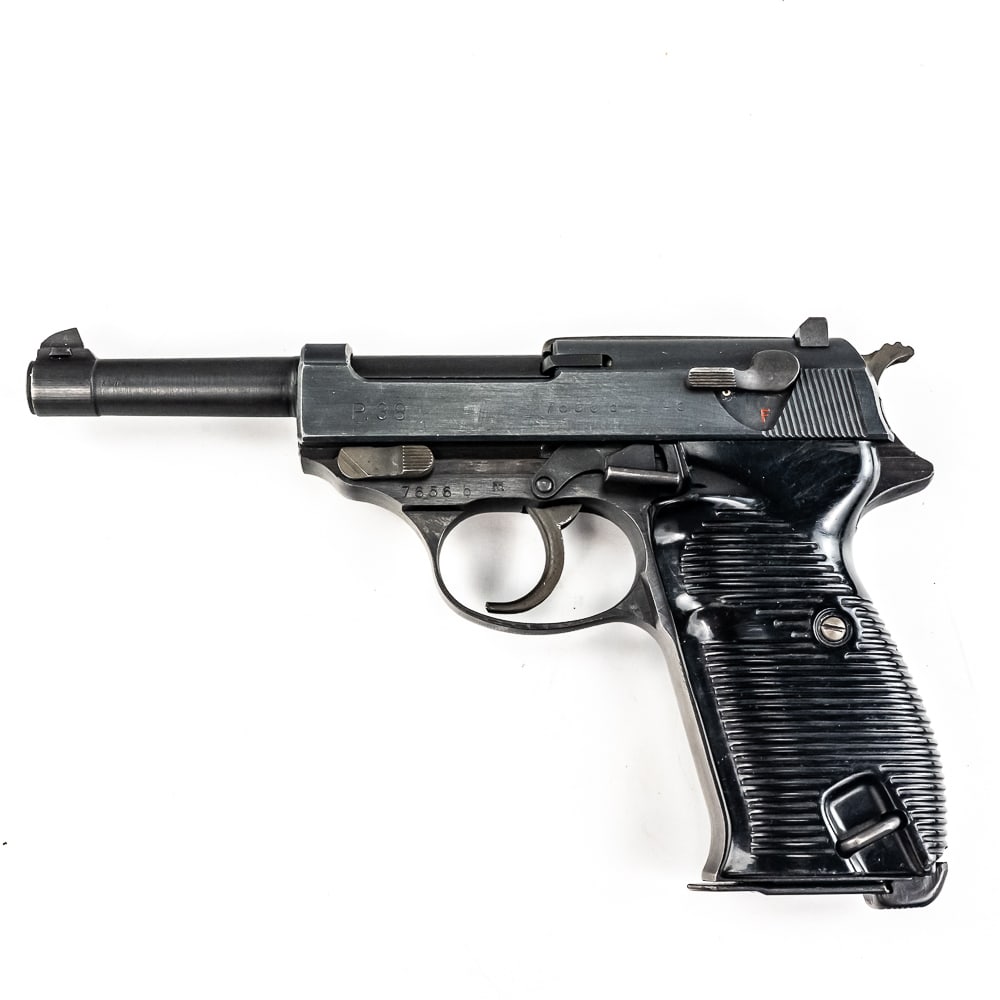 Late WWII P-38 AC45 "B" Block Pistol (7656b) (C): World War II German P-38 AC45 "b" block pistol. Produced by Walther very late in the war (March 1945) this P38 has a Waffen 358 frame, two proof marks on the right side of the slide and all matching n