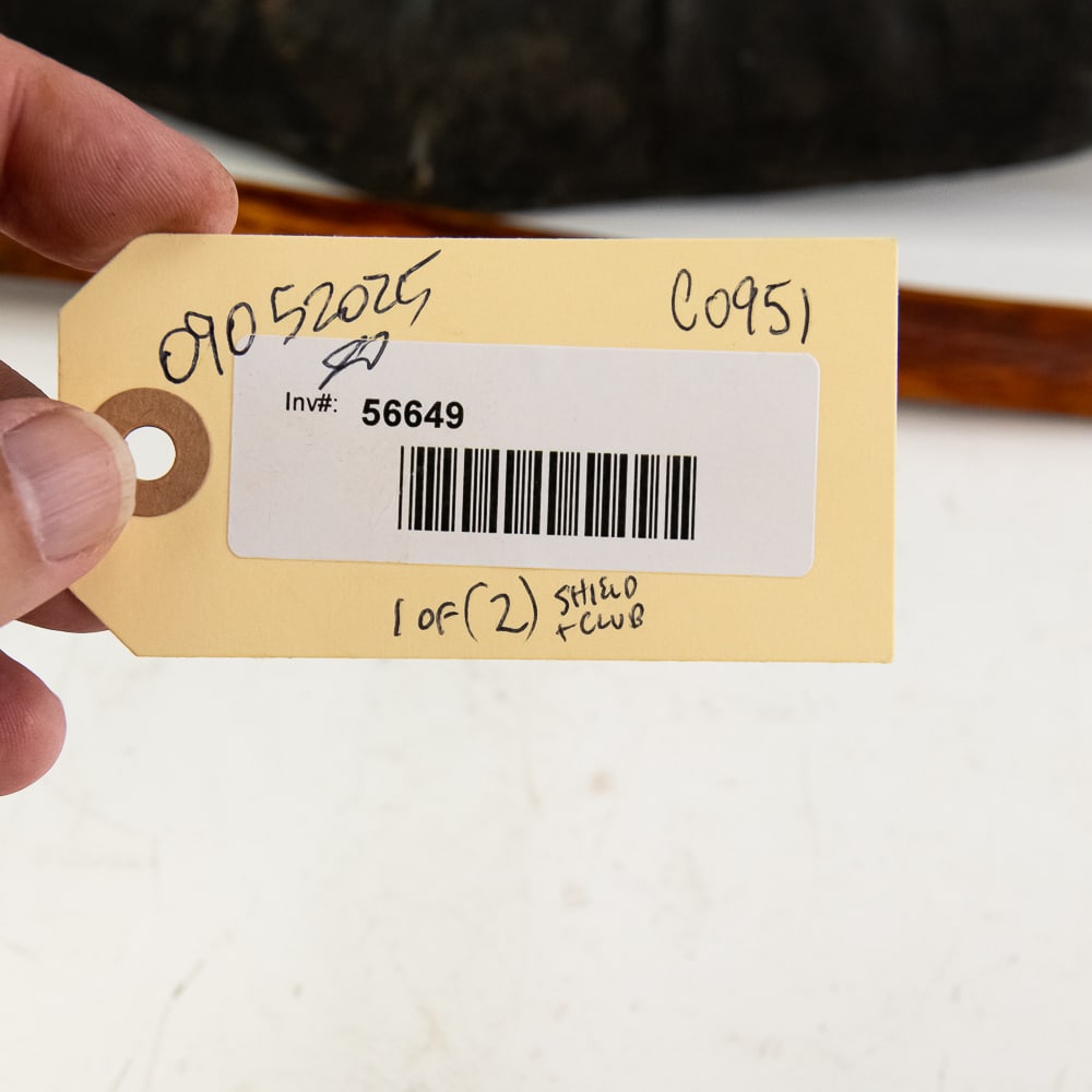 19th/20th C. African Rhino Hide Shield and Club: 19th/20th Century African rhinoceros hide shield and carved ball head club. 1) The shield is approximately 30" in diameter. Made of hardened hide with a series of raised bosses and radial ridges