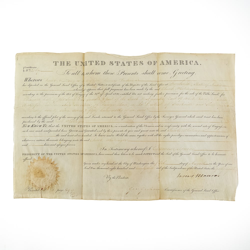 Land Grant Signed - US President James Monroe 1823: Indiana Land Grant signed by President James Monroe of the United States of America, and countersigned by George Graham as Commissioner of the General Land Office, dated August 5, 1823. It grants 97