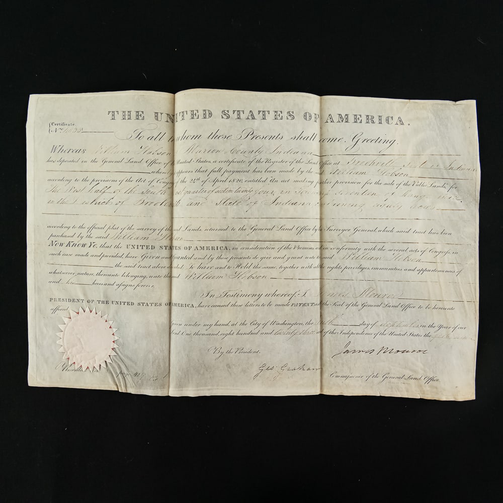 Land Grant Signed - US President James Monroe 1823: Indiana Land Grant signed by President James Monroe of the United States of America, and countersigned by George Graham as Commissioner of the General Land Office, dated September 10, 1823. It grants