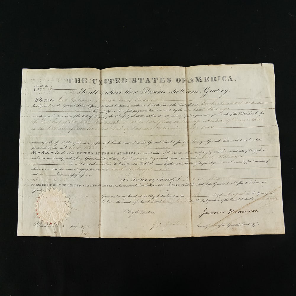 Land Grant Signed by US Pres. James Monroe 1823: Indiana Land Grant signed by President James Monroe of the United States of America, and countersigned by George Graham as Commissioner of the General Land Office, dated August 5, 1823. It grants 80