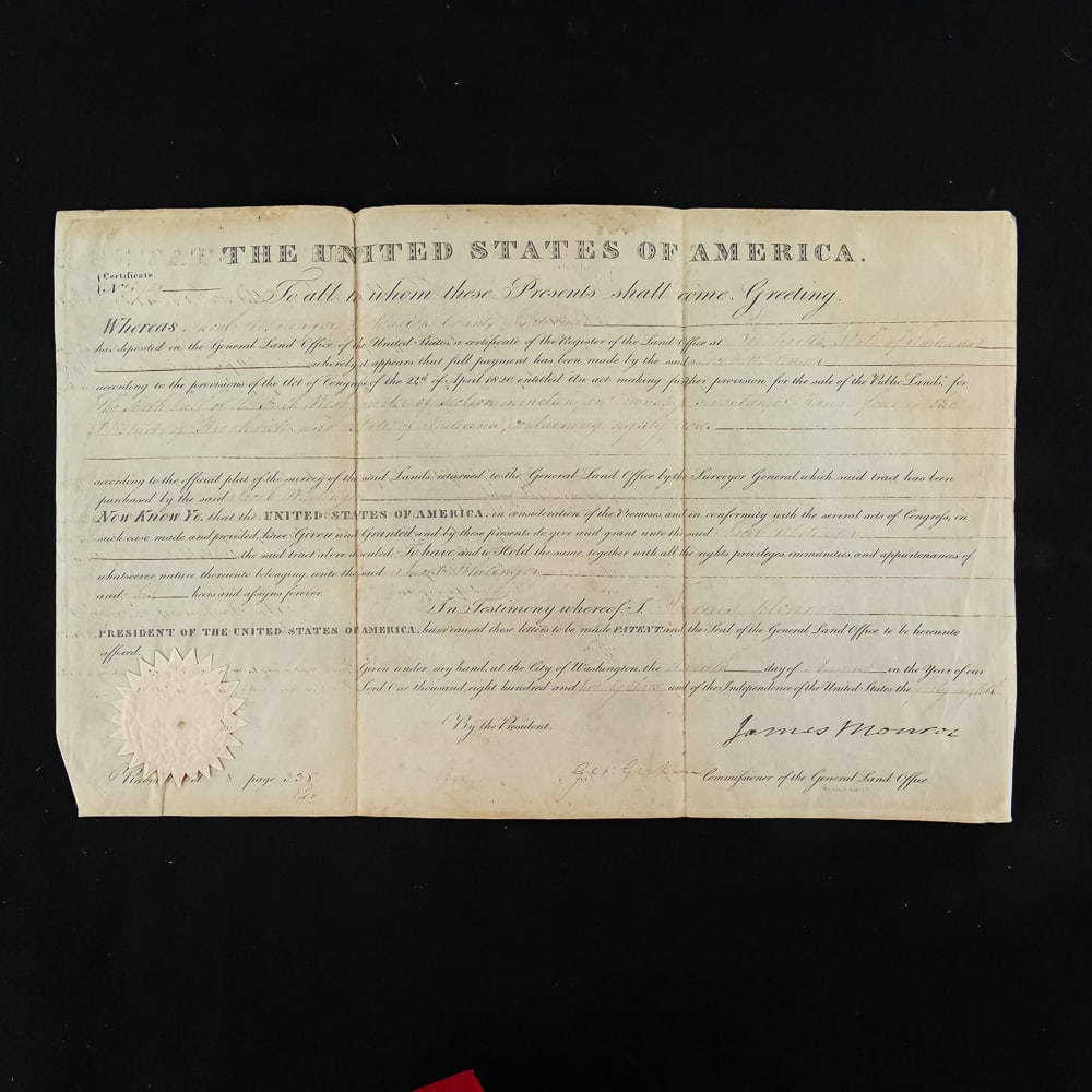 Land Grant Signed - US President James Monroe 1823: Indiana Land Grant signed by President James Monroe of the United States of America, and countersigned by George Graham as Commissioner of the General Land Office, dated August 7, 1823. It grants 80
