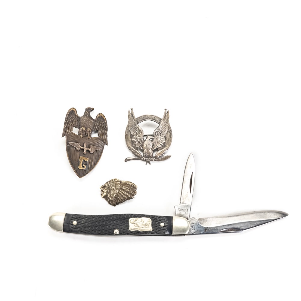 Vintage Lafayette Flying Corps & More Pins, Knife: This combined lot of memorabilia provides a detailed look into the legacy of American volunteerism during WWI, specifically relating to the Lafayette Flying Corps (LFC), the name given to the entire g