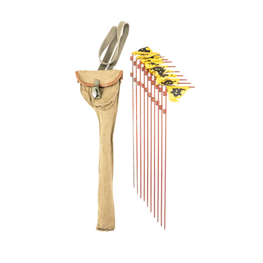 WWII German Mine Marking Flag Set: This is a remarkable survival from the WWII era: a German Minenwarnfahnen (Mine Warning Flags) set, essential kit for combat engineers (Pioniere) tasked with clearing paths through minefields. The set