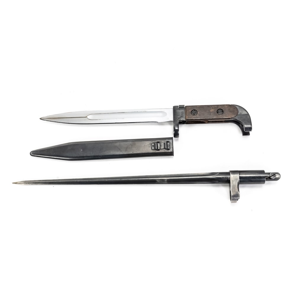 Polish AK and M44 Nagant Bayonets Grouping: This is a fantastic grouping for the Eastern Bloc collector, featuring two distinct bayonet types identified as originating from Poland. The set includes a straight Cruciform Spike Bayonet (15”