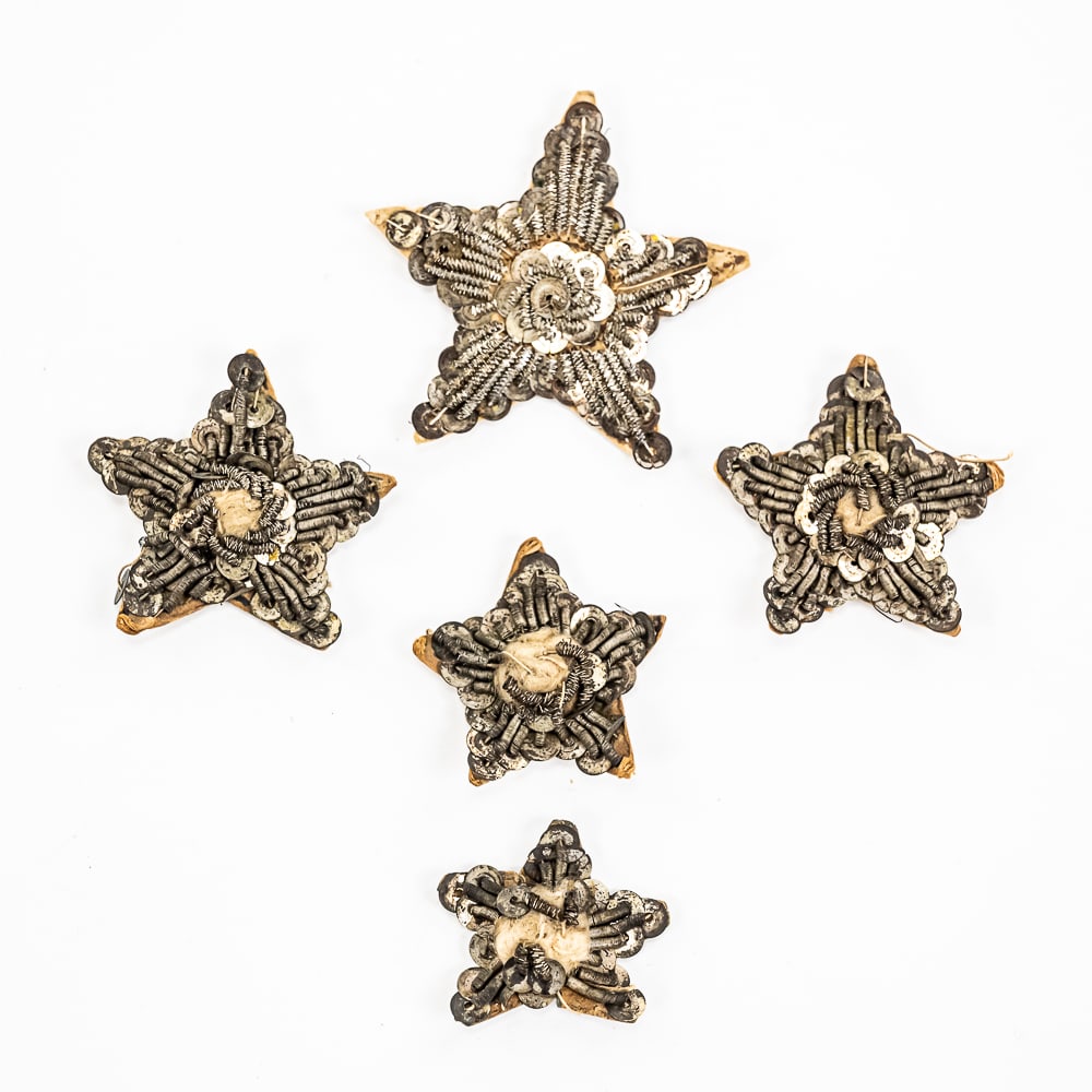 Civil War Patriotic Bullion Wire Star Set-Total 5: A nice collection of 5 patriotic bullion stars. One matched set of two medium size stars and one larger size and two different made smaller size types. Four of them have card stock backing with