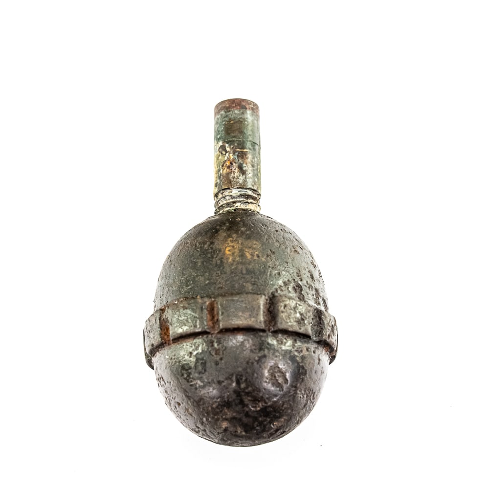 INERT WWI German "Egg" Hand Grenade: A very nice Imperial German WWI Mle. 1917 cast iron Eierhandgranate [Egg] hand grenade with a Mle. 1913 Friction fuze [5 or 7 second] and removable. Cast iron body in good, dug condition. “17