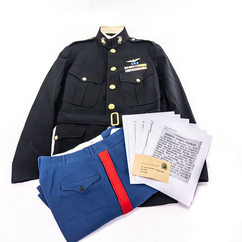 WWII USMC LT COL Malcolm S Mackay Uniform: WWII USMC ID’d Officer Dress Blues of Lt. Col. Malcolm S. Mackay who commanded VMJ-952 during the war. VMJ-952 was established at MCAS Cherry Point, NC under MAG-15. On 4. July 1944 it was