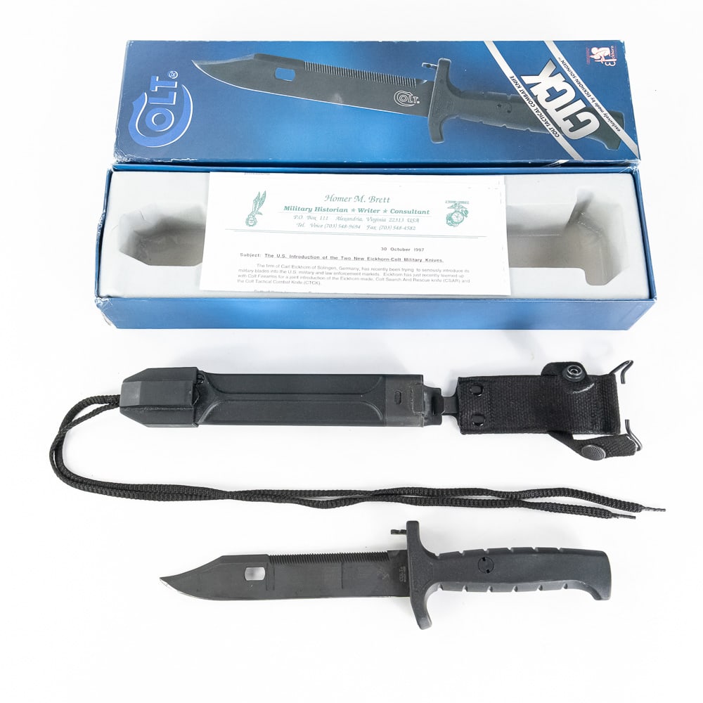Colt Tactical Combat Knife. New In Original Box.: Designed and made exclusively for Colt by EICKHORN-SOLINGEN. A modern multi-purpose knife that is lightweight and has a compact sturdy design. Features -Adjustable wire cutter -Sapphire sharpening