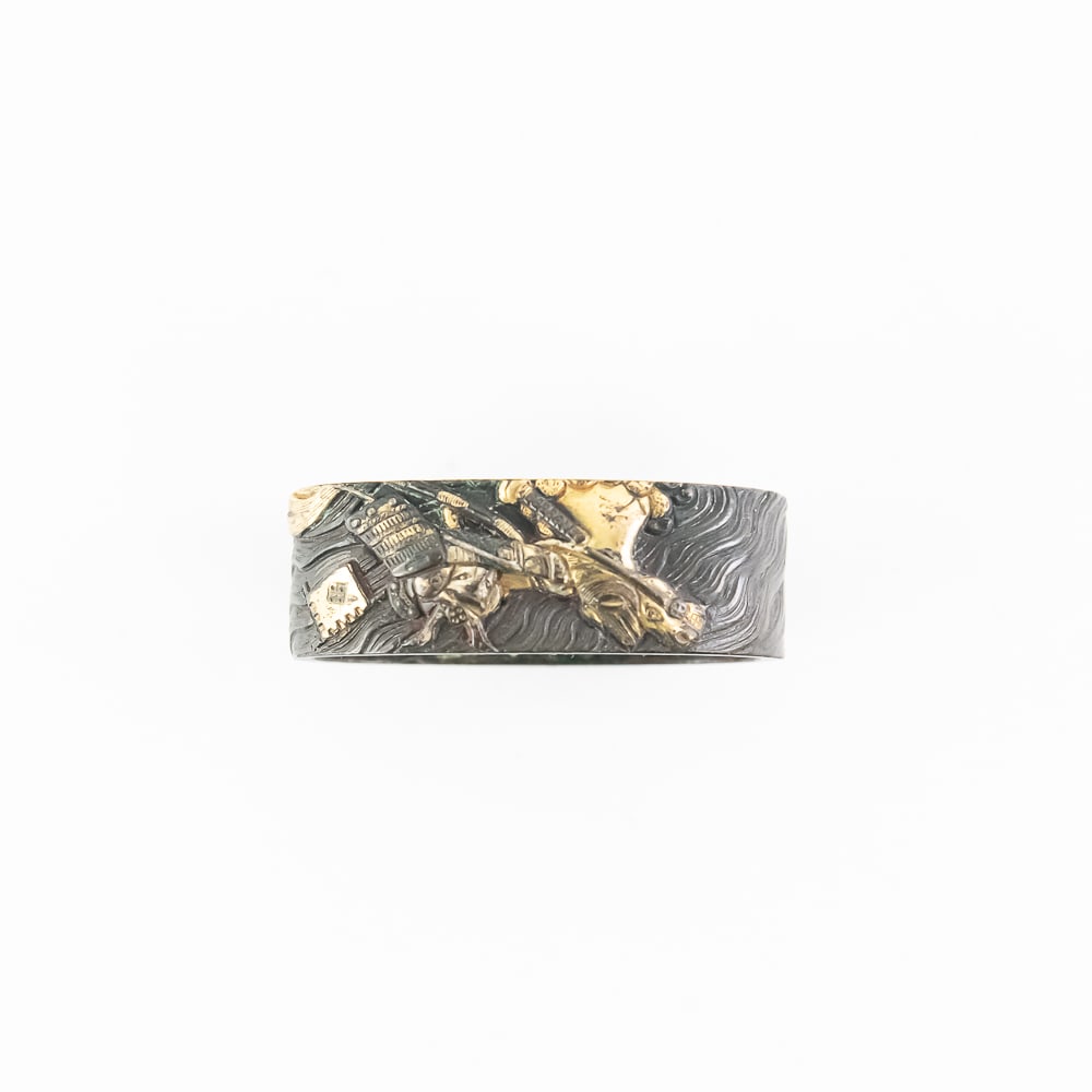 Samurai Sword Part-Fuchi, Gilt, Samurai on Horse: Samurai Sword Part-Fuchi, Gilt, Samurai on HorseSamurai sword Handle Collar (Fuchi) made of gilt copper. Depicts a horse in movement with Samurai gear on its back. Minimal loss of gilding on the